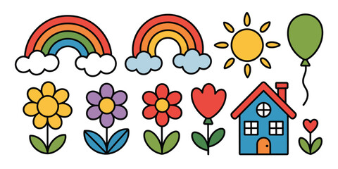 A cartoon illustration featuring rainbows, flowers, a sun, a house, and a balloon on a white background