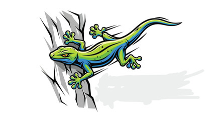Energetic gecko illustration featuring a green and blue reptile climbing a wall. This dynamic lizard design is perfect as a mascot or symbol