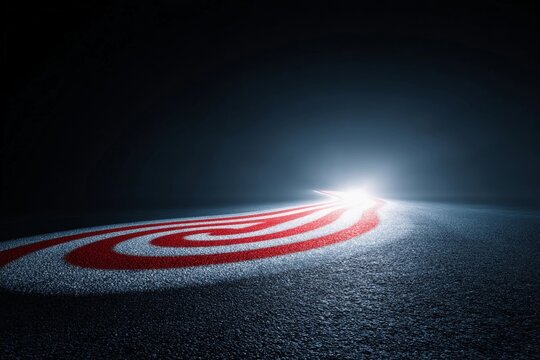 Bright light shines on a dark road with a spiral design at night, creating a compelling visual effect