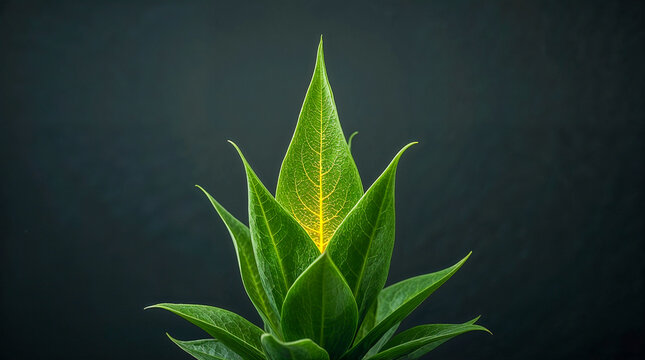 A vibrant green plant sprout unfurls its leaves against a dark, textured background. The central leaf is illuminated from within, highlighting its delicate veins. - Powered by Adobe