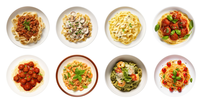 PNG Diverse pasta dishes assortment, element set on transparent background
