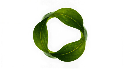Three smooth green leaves form a seamless, abstract loop against a pure white background, symbolizing nature, sustainability, and unity. Minimalist design.