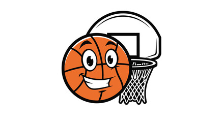 Smiling Basketball Cartoon Character with Basketball Hoop for Sports and Games