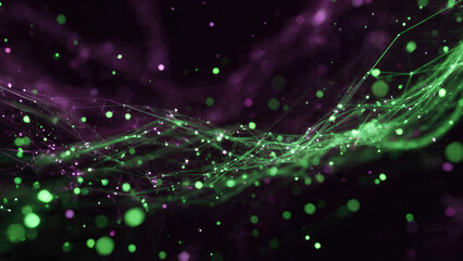 Abstract digital network with glowing green and purple particles, depicting data flow or technological connections on a dark background.
