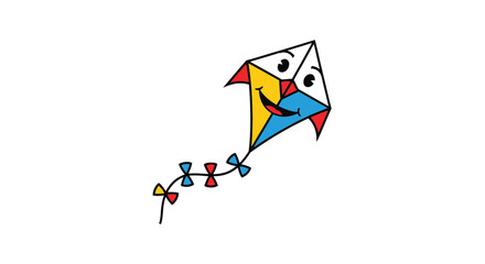 A cheerful cartoon kite with a smiling face flying high, a simple illustration representing childhood joy, freedom, and outdoor summer fun