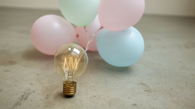 A vintage Edison light bulb glows warmly on a concrete surface, surrounded by a cluster of pastel balloons in pink, mint green, and light blue.