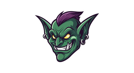 Vibrant fantasy creature illustration featuring a green face, sharp pointy ears, a spiky purple mohawk, and a menacing toothy grin, conveying a mischievous and powerful character design