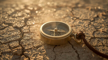 A vintage brass compass rests on cracked, sun-baked earth, its needle pointing north. A leather strap trails off to the right.