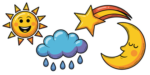 A cartoon illustration featuring a smiling sun, a rain cloud, a shooting star, and a crescent moon