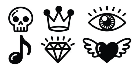 A collection of six black and white icons including a skull crown eye music note diamond and winged heart