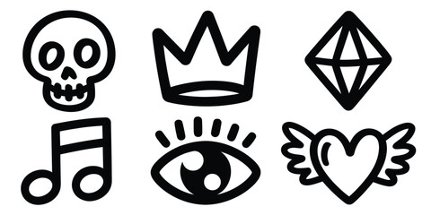 A collection of six bold black and white icons featuring a skull, crown, diamond, note, eye, and heart