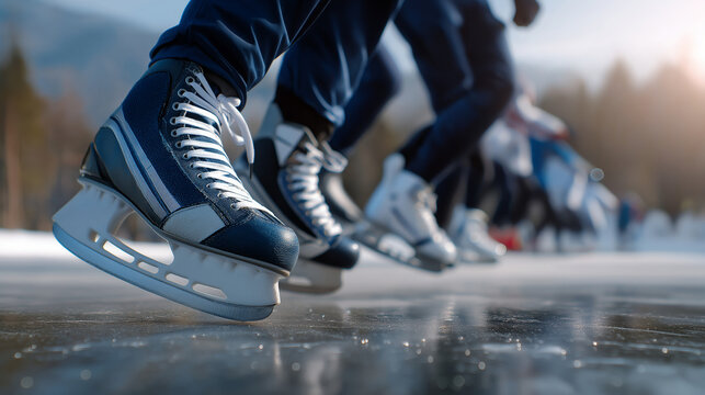Faceless skater’s legs in foreground while team moves in a blurred background, subtle winter haze, dynamic sports feel, with copy space