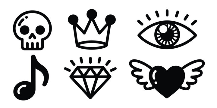 A collection of six black and white icons including a skull crown eye music note diamond and winged heart