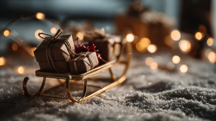 Miniature Christmas sleigh carrying small wrapped gift boxes placed on snowy surface with warm glowing festive bokeh lights