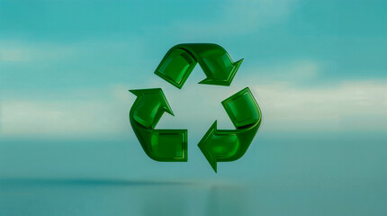 A glossy green recycling symbol floats against a gradient blue background, suggesting environmental awareness and sustainability.