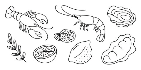 A seafood illustration featuring a lobster, shrimp, oysters, lemons and a sprig of leaves in black outline