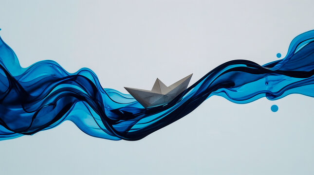 A lone paper boat sails serenely through a flowing stream of deep blue liquid, against a clean, bright background.