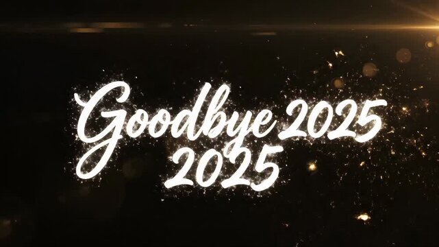 Animated goodbye 2025 text with sparkling effects. Festive farewell message for year end transition. Digital graphic celebrating new beginnings and closure concept. video footage video footage