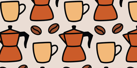 Seamless pattern featuring coffee pots, coffee beans, and mugs in a stylized cartoon design style
