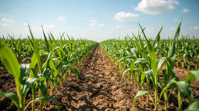 A close-up, low-angle view of a young cornfield with bright green stalks stretching into the distance under a clear blue sky with fluffy white clouds.