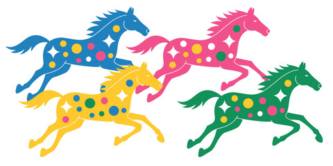 Four colorful cartoon horses running with polka dots and stars on a white background illustration
