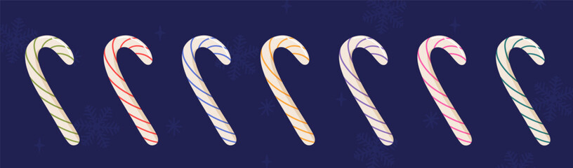 Vector illustration of colorful Christmas candy cane lollipops in different colors isolated on a dark blue background with snowflakes and sparkling elements, festive holiday sweets and winter design