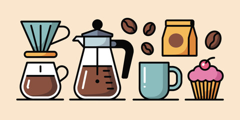 A vector illustration of coffee brewing equipment, coffee beans, a bag, a mug, and a cupcake on a beige backgroun