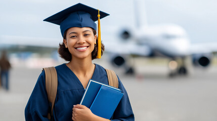Study Abroad.  Portrait of a young woman holding books ready to travel. Smiling African American female Student Enjoying International Education