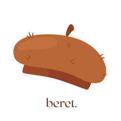 Flat cartoon illustration of a warm brown beret with handwritten lettering, isolated on a white background. Minimalist fashion accessory design.
