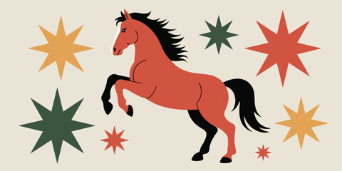 Illustration of a rearing horse with black mane and tail surrounded by colorful star shapes on beige background
