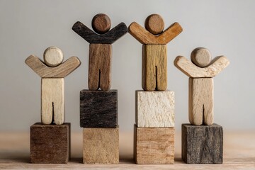 Creative display of wooden figures representing teamwork and collaboration atop blocks in a simple, minimalist setting