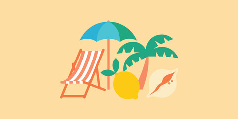 A beach scene with a chair, umbrella, palm tree, lemon, and seashell on a light yellow background