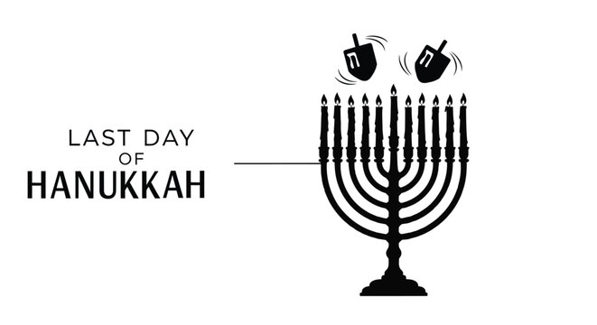 Hanukkah celebration features a menorah drivels and text indicating the last day
