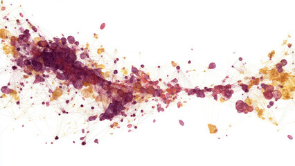 An abstract visualization showing an intricate network of interconnected purple and orange organic clusters and nodes on a bright white background.