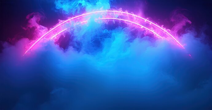 Dramatic lighting creates vibrant blue, pink hues. Smoke fills space beneath glowing arc. Mysterious, energetic atmosphere.