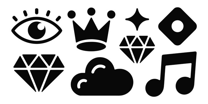 A collection of black and white icons including an eye, crown, diamond, cloud, and music note design