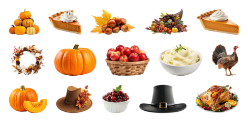 PNG Thanksgiving harvest feast icons, element set on transparent background