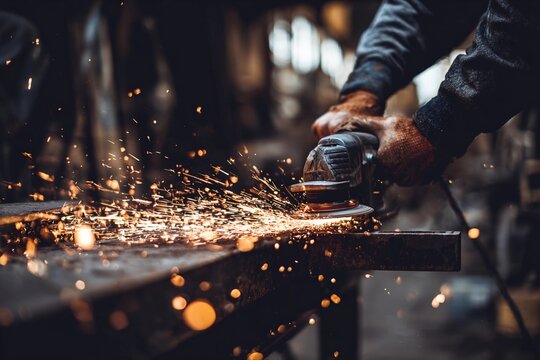 Craftsman uses grinder to shape metal in workshop during evening hours, creating sparks and revealing skillful technique