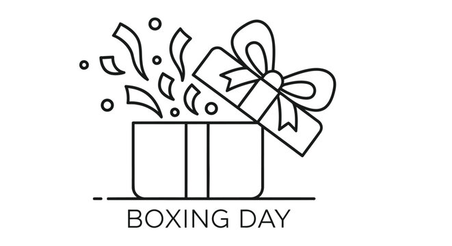 An open gift box with confetti and a ribbon labeled boxing day below it