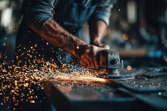 Metalworker using an angle grinder to shape metal in a workshop during late afternoon - Powered by Adobe