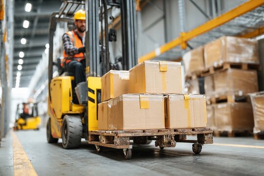 Worker operates forklift to move stacked boxes in a busy warehouse during daylight hours - Powered by Adobe