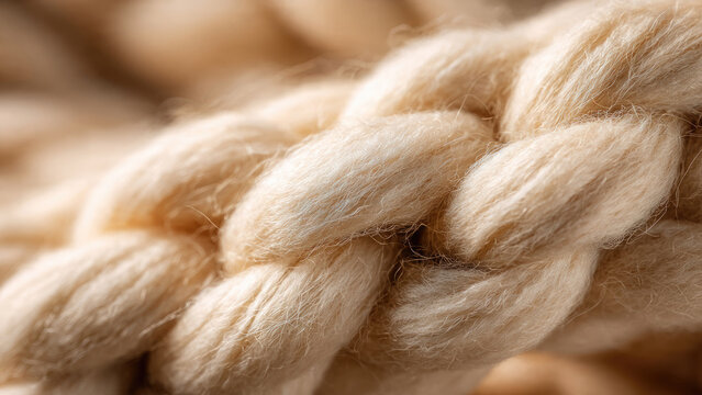 A close-up view of soft, light-colored braided yarn, highlighting its warm, fluffy texture and intricate weave.