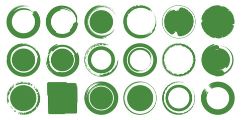 A collection of green circular and square shapes with brush stroke effects arranged on a white background