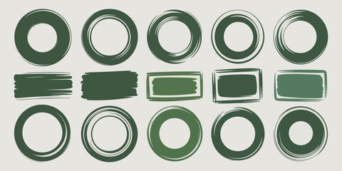 A collection of green brush stroke circles and rectangles on a white background in a simple arrangement