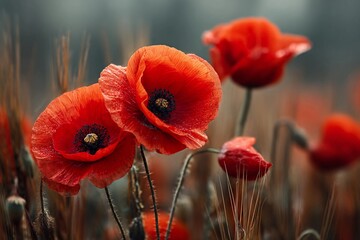 Fototapeta premium Vibrant red poppies bloom in a serene field, showcasing nature's beauty during spring season