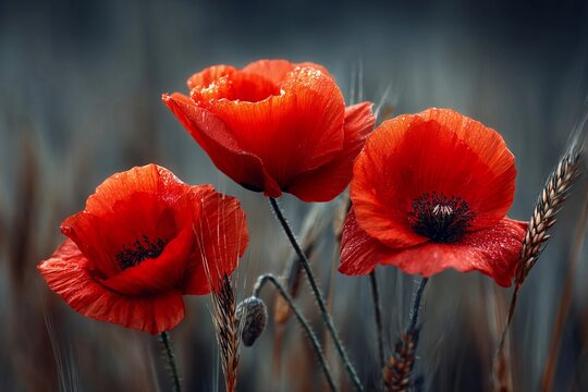Bright red poppies bloom among wheat stalks in soft morning light, showcasing nature's delicate beauty in a serene landscape