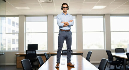 A confident professional confidently stands atop a conference table, headphones and sunglasses providing a stark contrast to his surroundings, exuding confidence and control. 