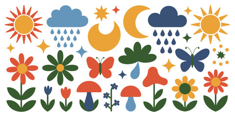 A whimsical illustration featuring suns moons clouds flowers butterflies and mushrooms on a white background