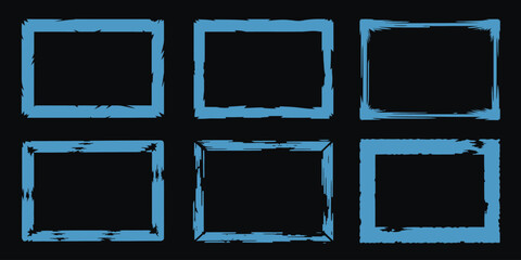 Six light blue rectangular frames with rough edges arranged on a black background in two rows of three