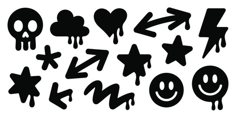 A collection of black dripping icons including skull cloud heart arrows stars lightning and smileys on white